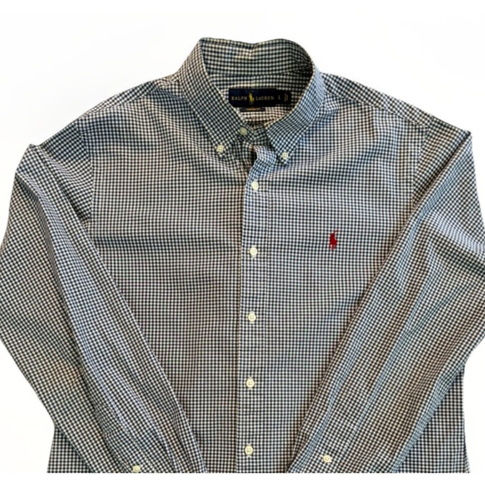 Ralph Lauren Custom Fit 100% Cotton Button Down Shirt Mens L Blue White Gingham
